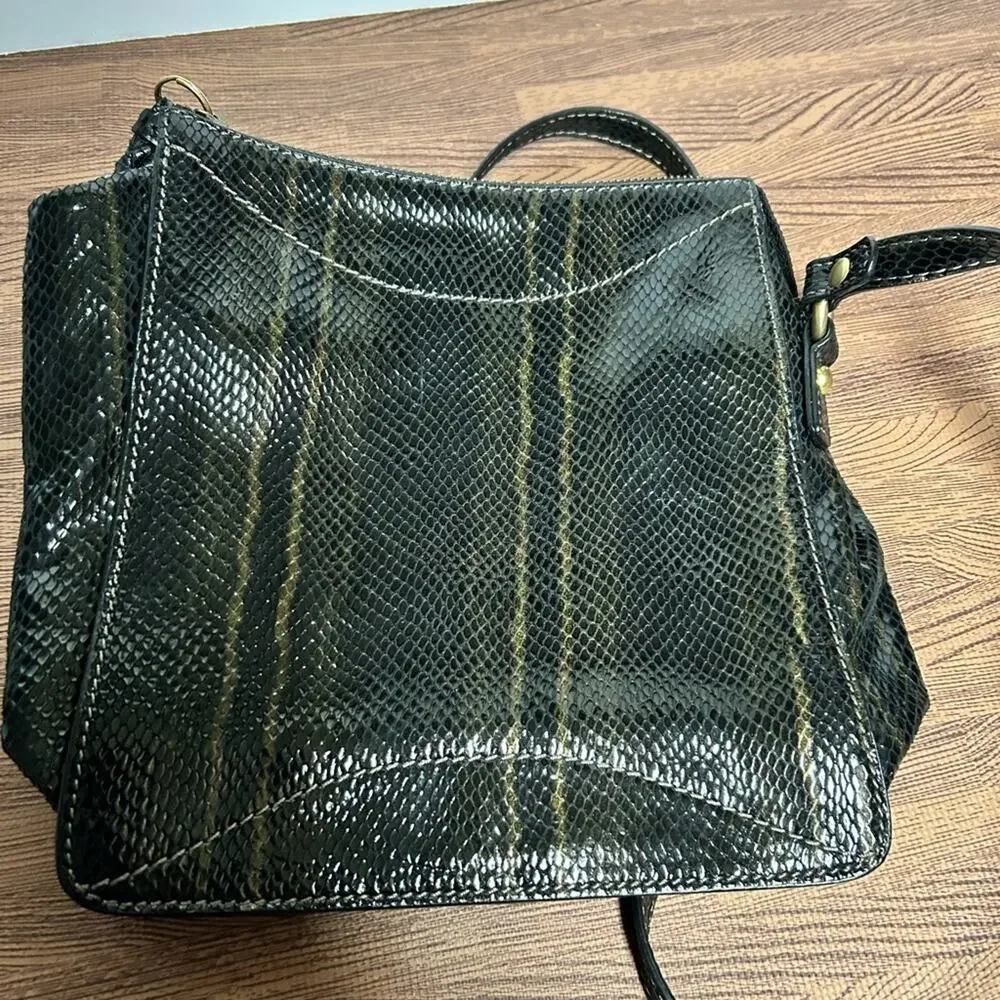 Tortuga Black Leather Snakeskin Embossed Crossbody Bag Gold Ring Accent Turtle